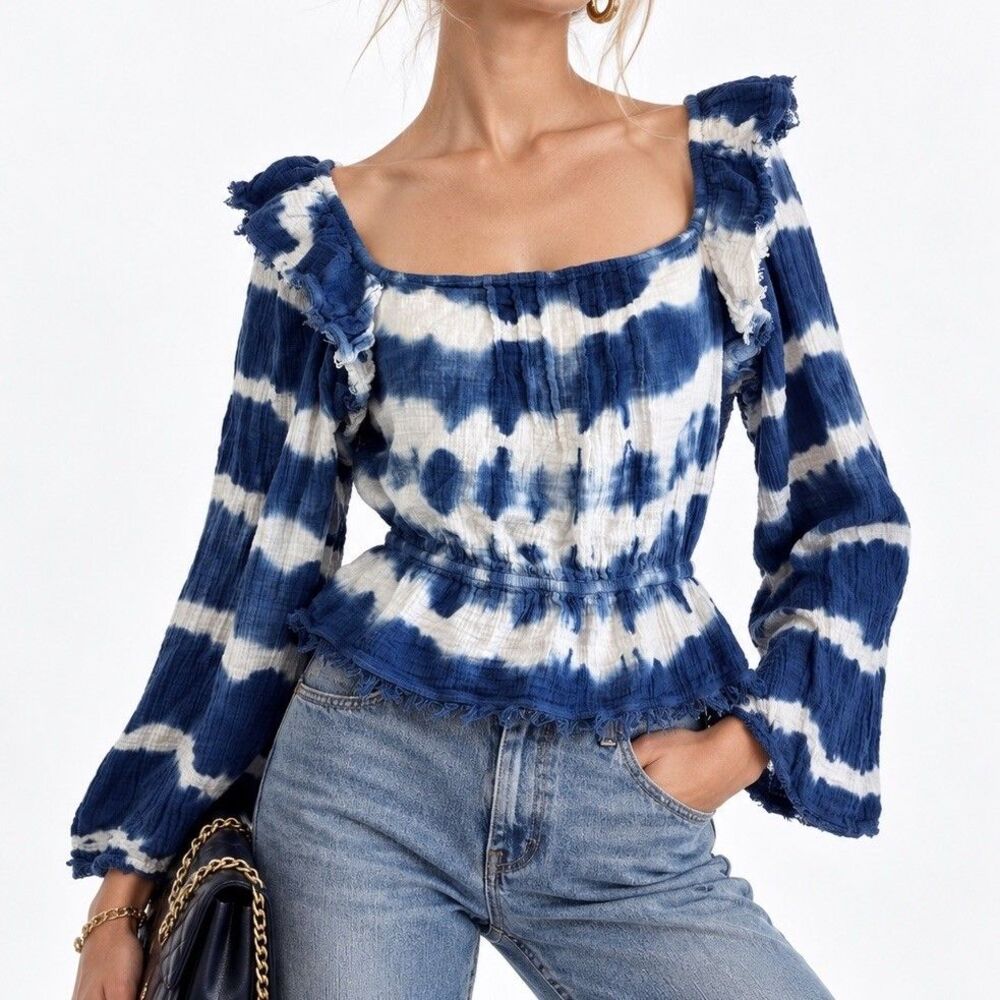 True Craft Blue & White Cotton Square Neck Long Sleeve Ruffle Top Blouse L